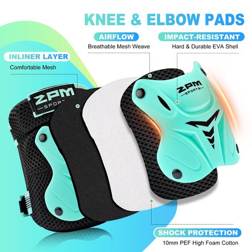 2PM SPORTS Knee Pads for Kids, Wrist Guards Knee and Elbow Pads Set with Drawstring Bag, Protective Gear Set for Girls Boys Roller Skating Cycling Skateboard - Mint Medium