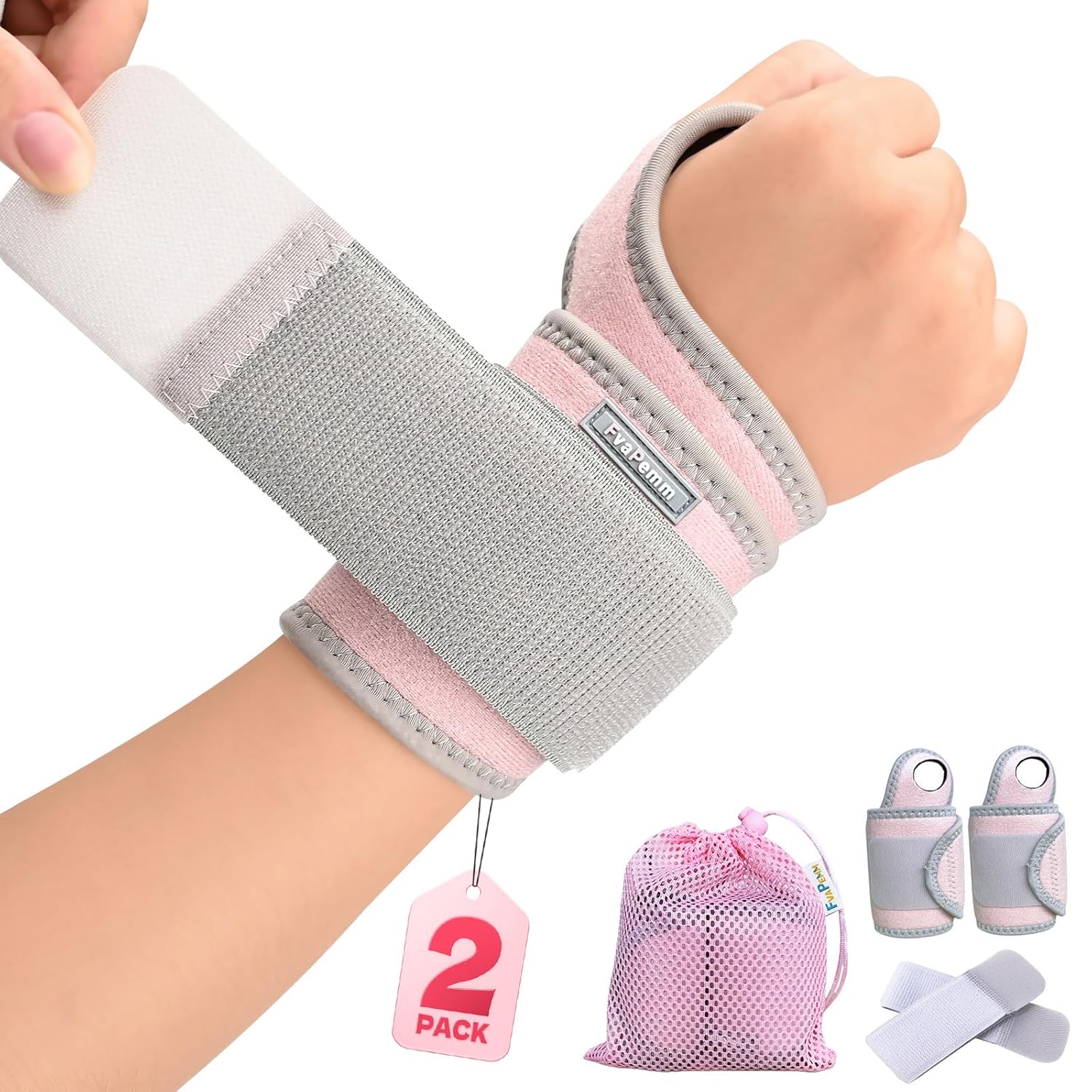 Skiennix Carpal Tunnel Wrist Brace - Adjustable Support Wraps for Tendonitis & Arthritis | 2-Pack, Pink