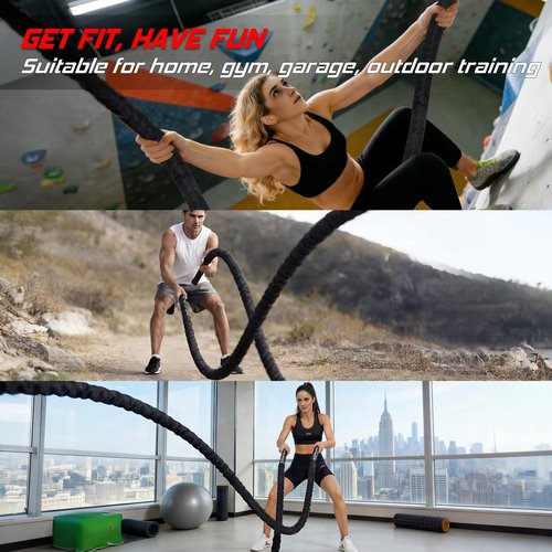 Battle Rope for Home Gym Workout - 1.5 Inch 30ft Heavy Weighted Training Exercise Ropes Fitness Equipment with Sleeve and Anchor Strap Kit for Outdoor Working Out