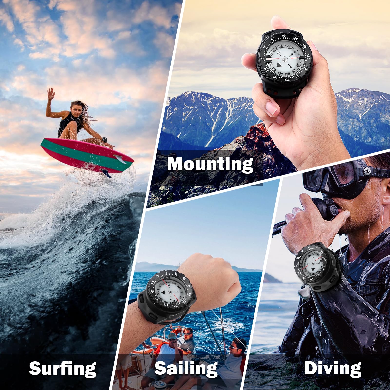 Scuba Dive Compass, Waterproof 5ATM Marine Navigation Wrist Compass with Bungee Mount and Cord, Glow in The Dark for Underwater Diving, Sailing, Camping, Kayaking, Hiking (Black)