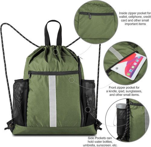 BeeGreen Moss Green Drawstring Bag - Heavy-Duty Cinch Sack with Shoe Compartment & Mesh Pockets