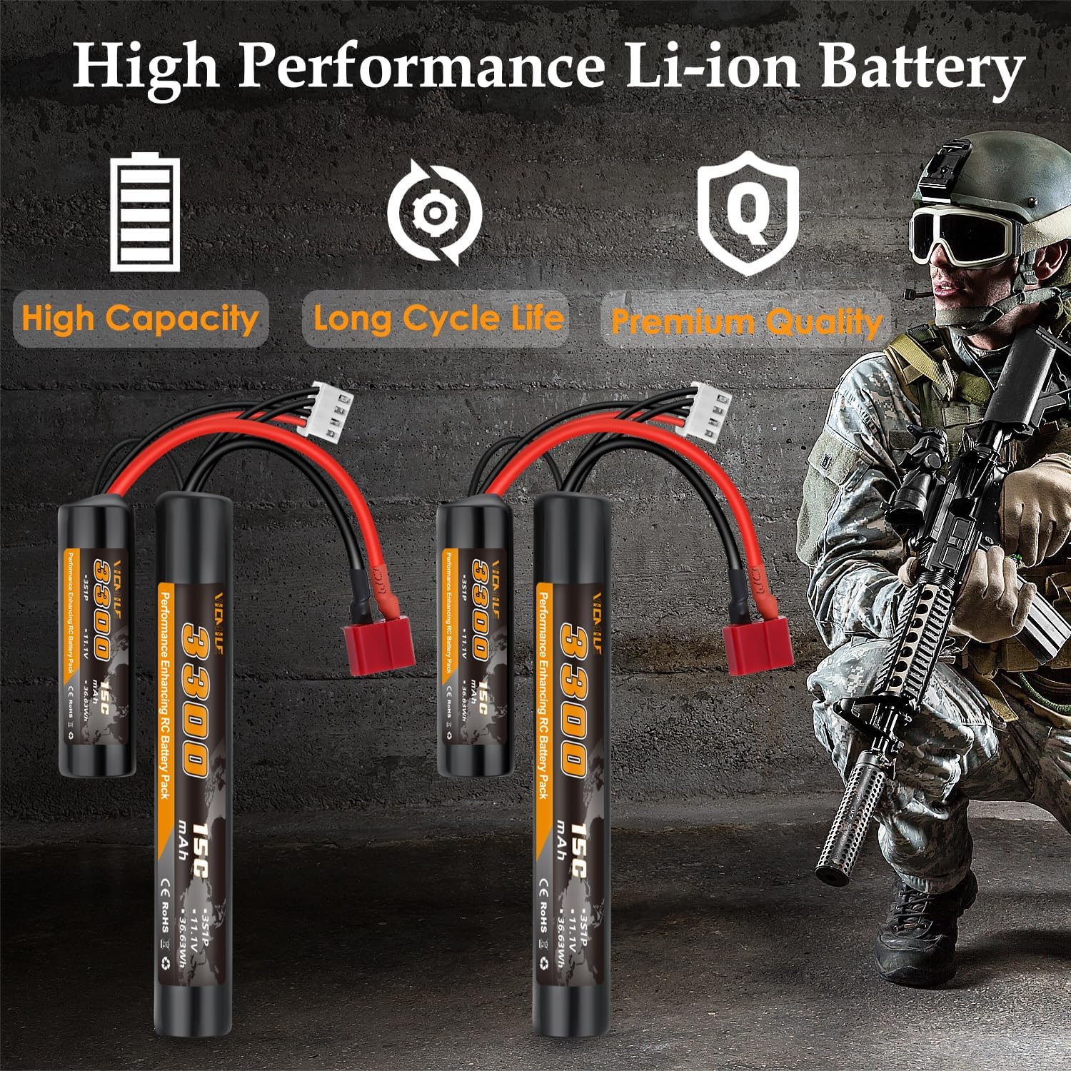 3300mAh Airsoft Battery by [Brand Name] - 11.1V Nunchuck Rechargeable Battery for AEG AK47, M4, MP5