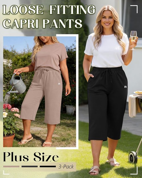 Neer Women's Plus Size Capris - Wide Leg Casual Drawstring Pants with Pockets | 3 Pack