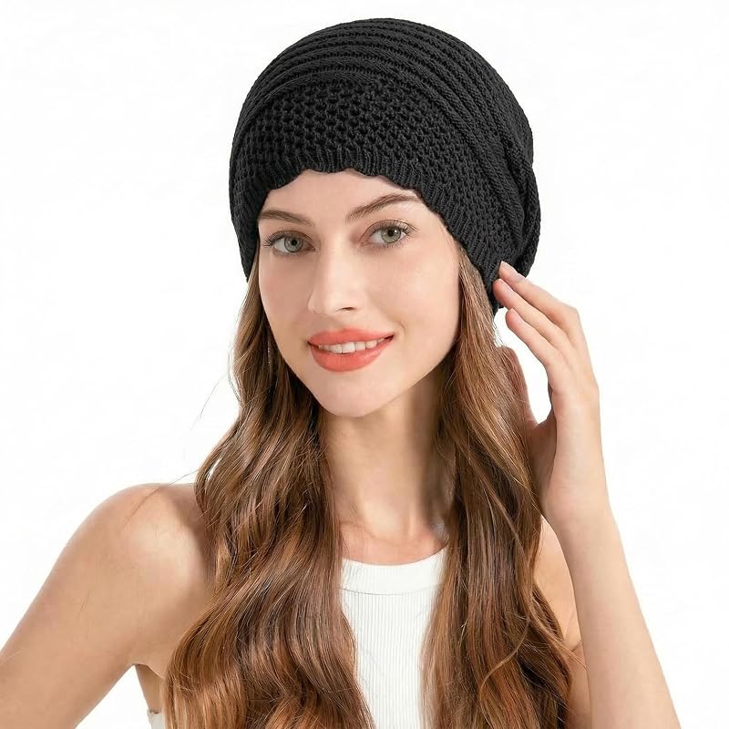 Crochet Slouchy Beanie for Women - One Size, Plain Black (Variation: Plain Black+One Size)