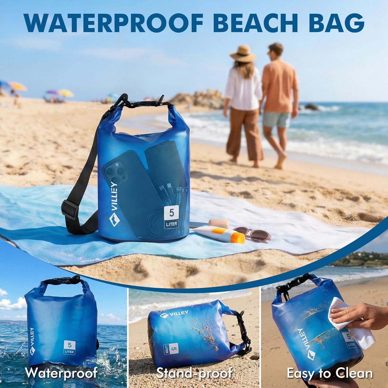 VILLEY Waterproof Dry Bag - 5L Roll Top Storage Backpack for Kayaking, Camping & Beach - Blue Transparent