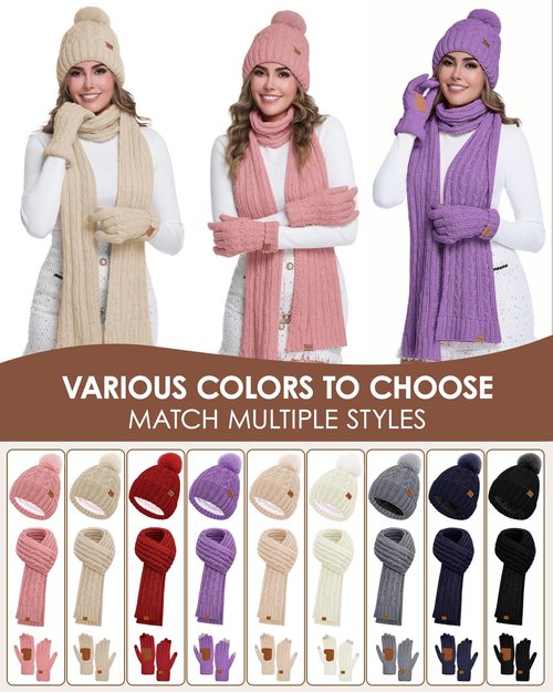 Womens Winter Beanie Hat Scarf Gloves Set, Fleece Lined Knitted Hat with Pompom Long Scarf Touchscreen Mittens for Women Men (Oatmeal)