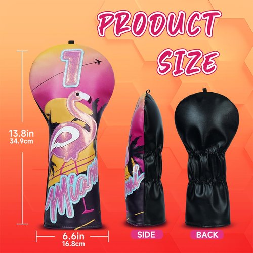 LZFAN Golf Club Head Covers Driver Fairway Wood Hybrid Golf Club Headcover Leather Protector Heavy Embroidered Colorful Jellyfish (Flamingos at Sunset)