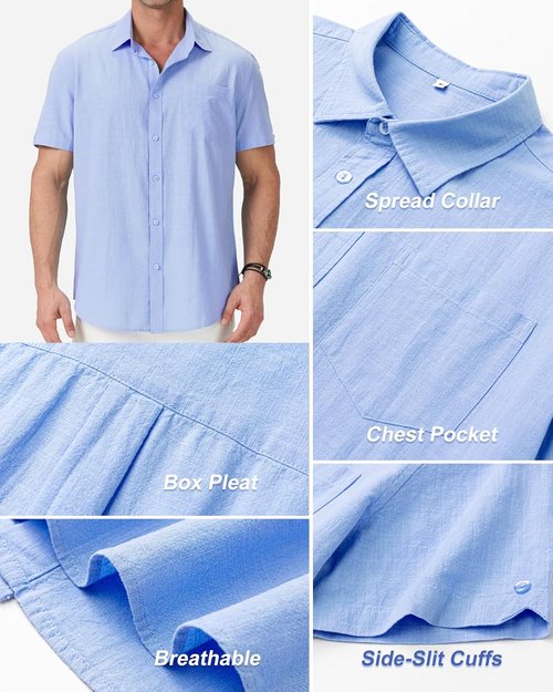 MLYENX Men's Linen Shirts - Casual Short Sleeve Button Down Tops for Summer Beach | 3 Pack with Pocket
