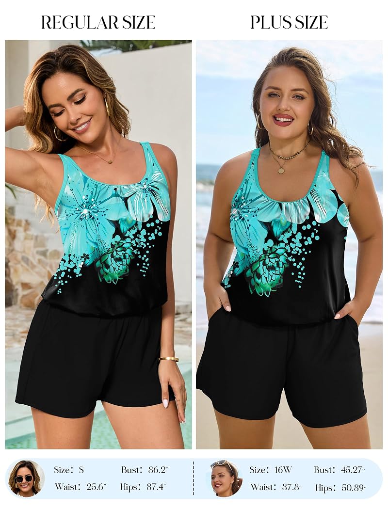 Arolina Plus Size Swim Romper One-Piece with Pockets Blue Floral