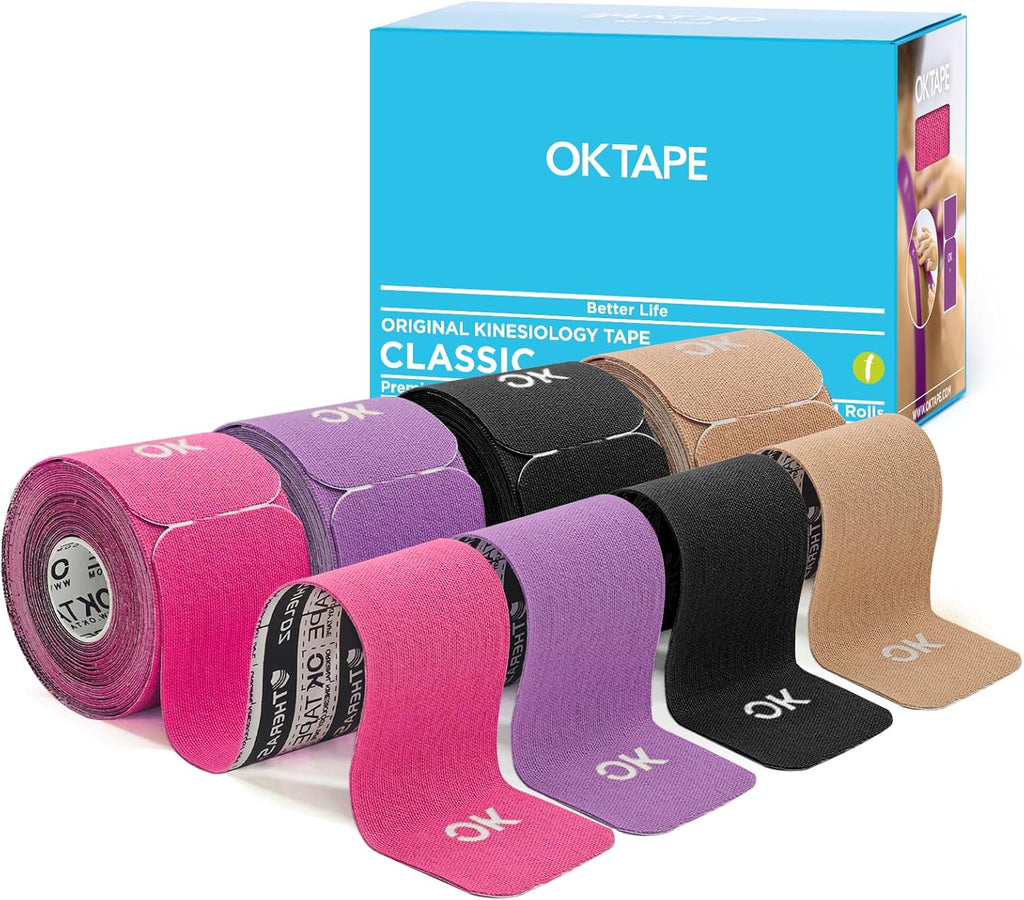 OK TAPE Kinesiology Tape - Precut Cotton Elastic Athletic Tape, Latex-Free, 2in x 16ft, 4 Rolls, Muscle Support | Mixed Colors