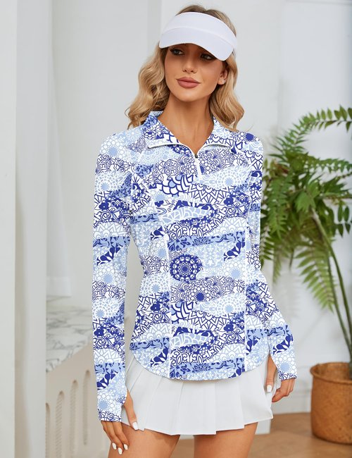 LOMON Womens UPF 50+ Sun Protection Hiking Shirts Quick Dry Long Sleeve Workout Golf Tops Lightweight Running Pullover(White Blue Print,L)