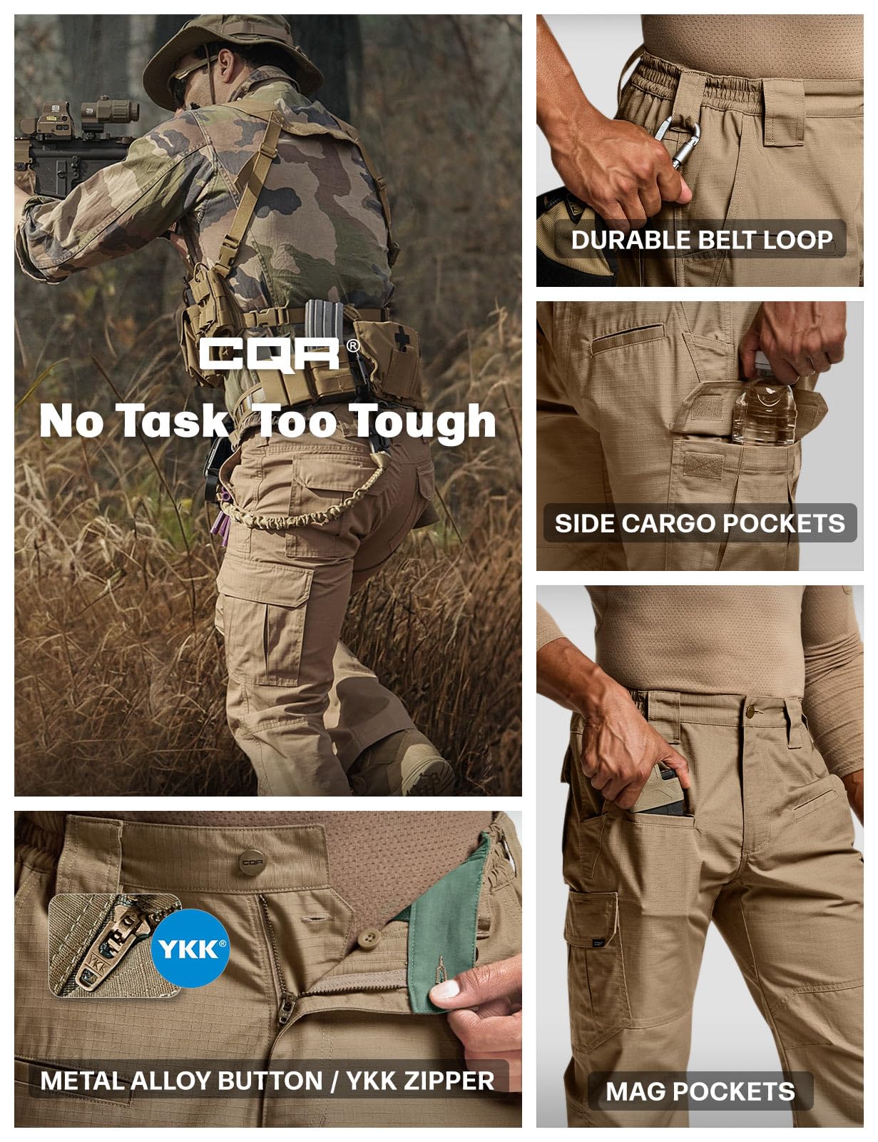 CQR Men's Tactical Pants, Water Resistant Ripstop Cargo Pants, Lightweight EDC Work Hiking Pants, Outdoor Apparel, Raider Cougar, 44W x 32L