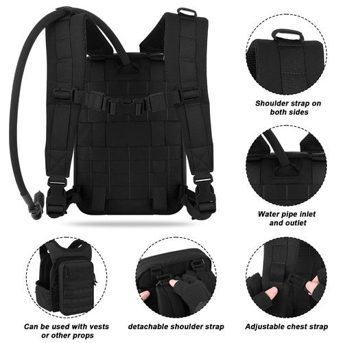 PETAC GEAR Tactical Hydration Pack for 1.5L - Lightweight Water Reservoir Heavy Duty Molle Backpack for Hiking, Cycling, Running, Hunting（BK）