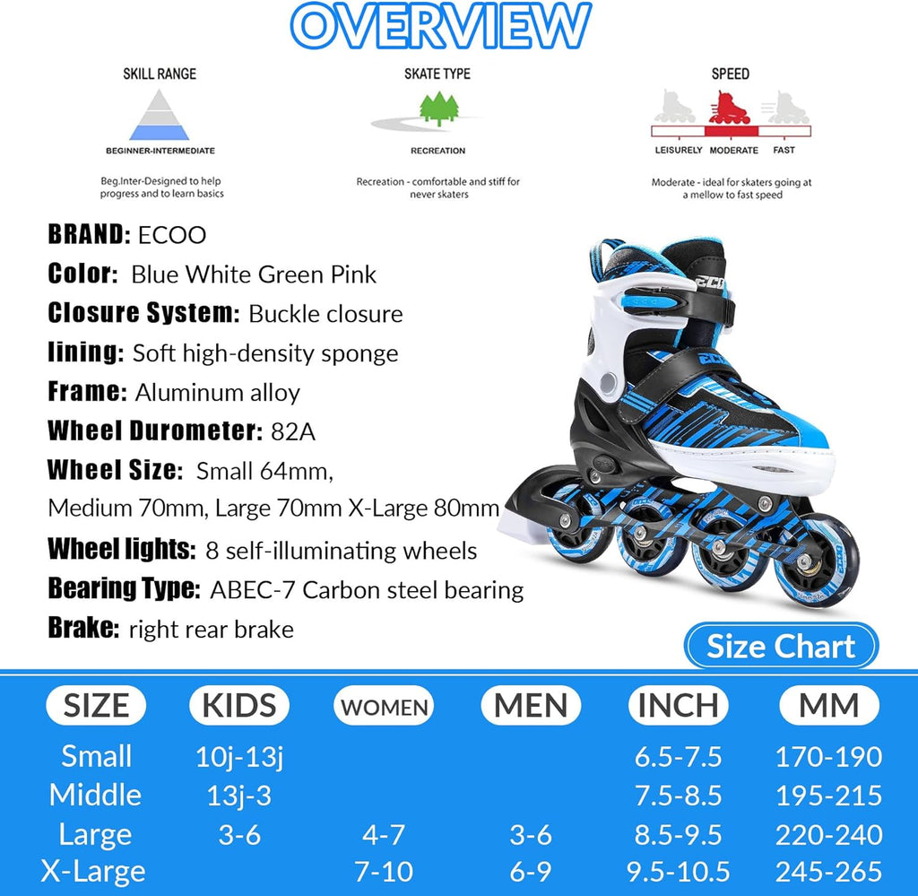 Skiennix Adjustable Inline Skates for Kids | Light-Up Wheels | Ages 5-12 | Perfect for Beginners