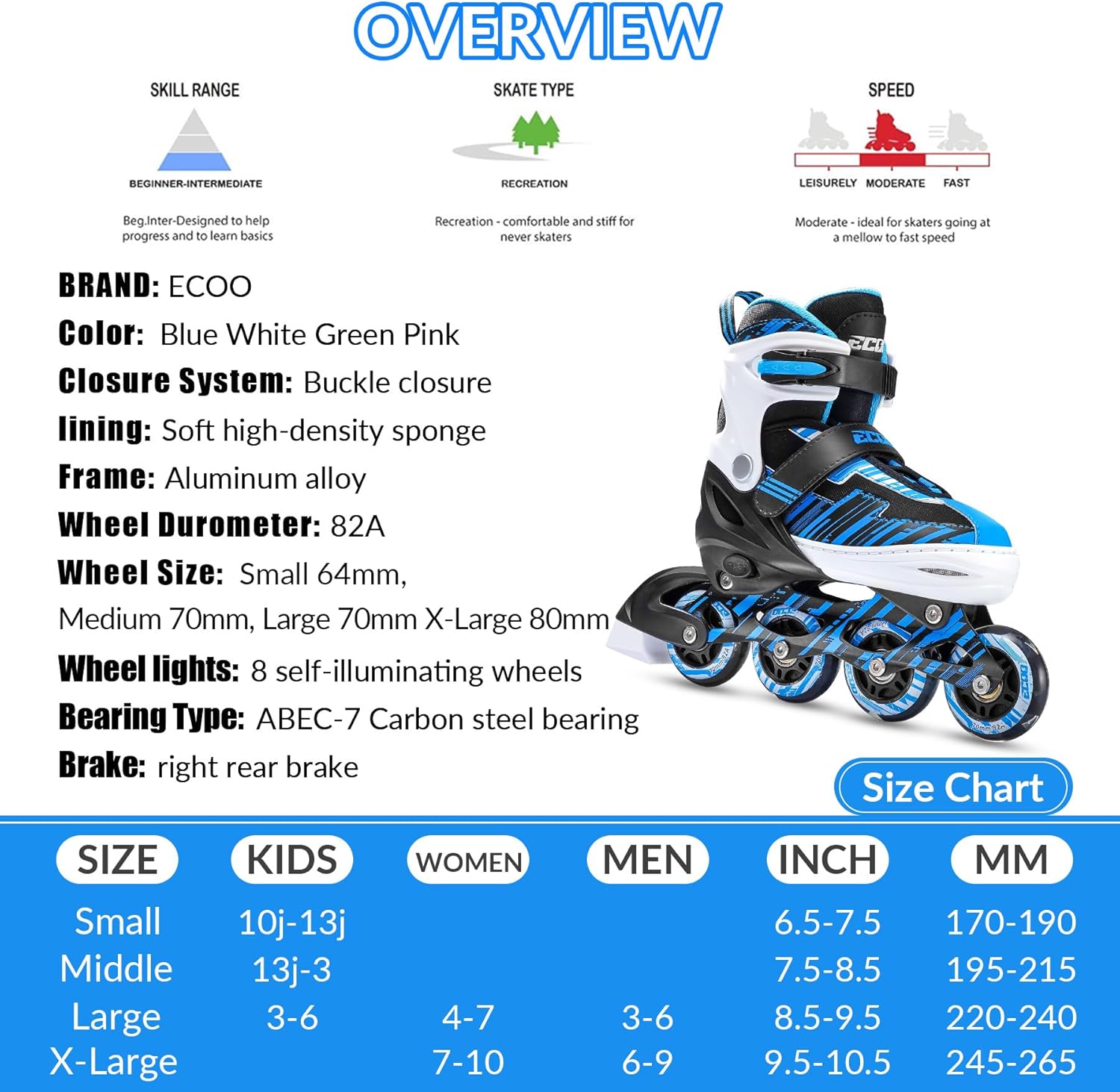 Skiennix Adjustable Inline Skates for Kids | Light-Up Wheels | Ages 5-12 | Perfect for Beginners