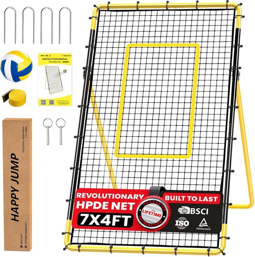 Happy Jump Volleyball Rebounder Net - 7x4 FT Adjustable Bounce Back Trainer with Heavy-Duty Steel Frame & 45-Ply Net