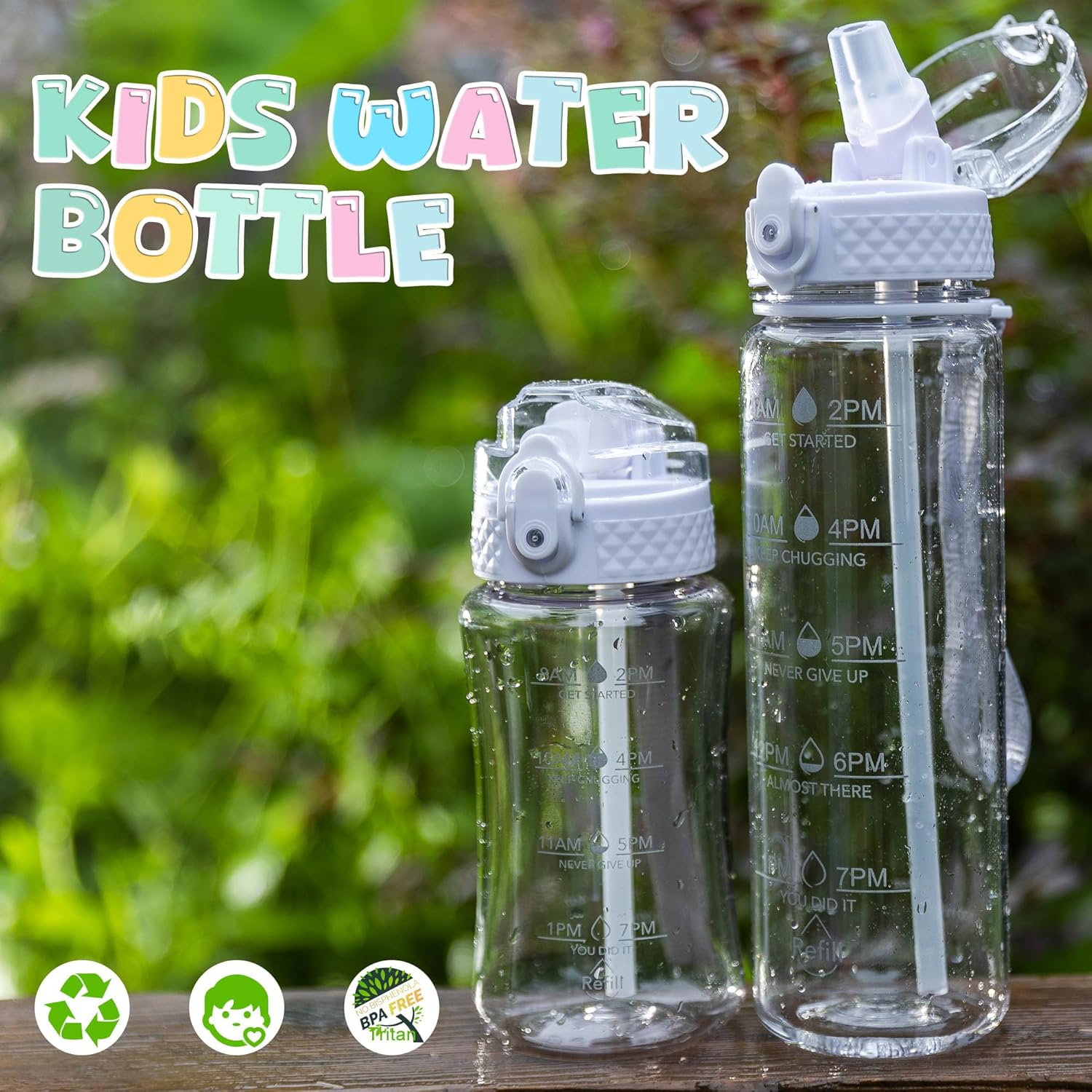OLDLEY 17oz Kids Water Bottle - Motivational Design with Silicone Straw, Leak-Proof & BPA-Free, Clear