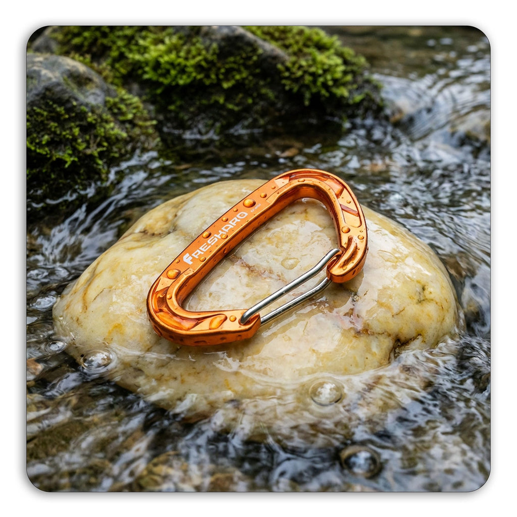 FresKaro Wire gate Carabiner Clips, 15kN WireGate Caribeener Heavy Duty, Caribeaner Spring Snap Hooks, D Ring, Strong, Lightweight, 4Pack for Keychain, Key, Gym, Outdoor Camping, Medium Size, Orange