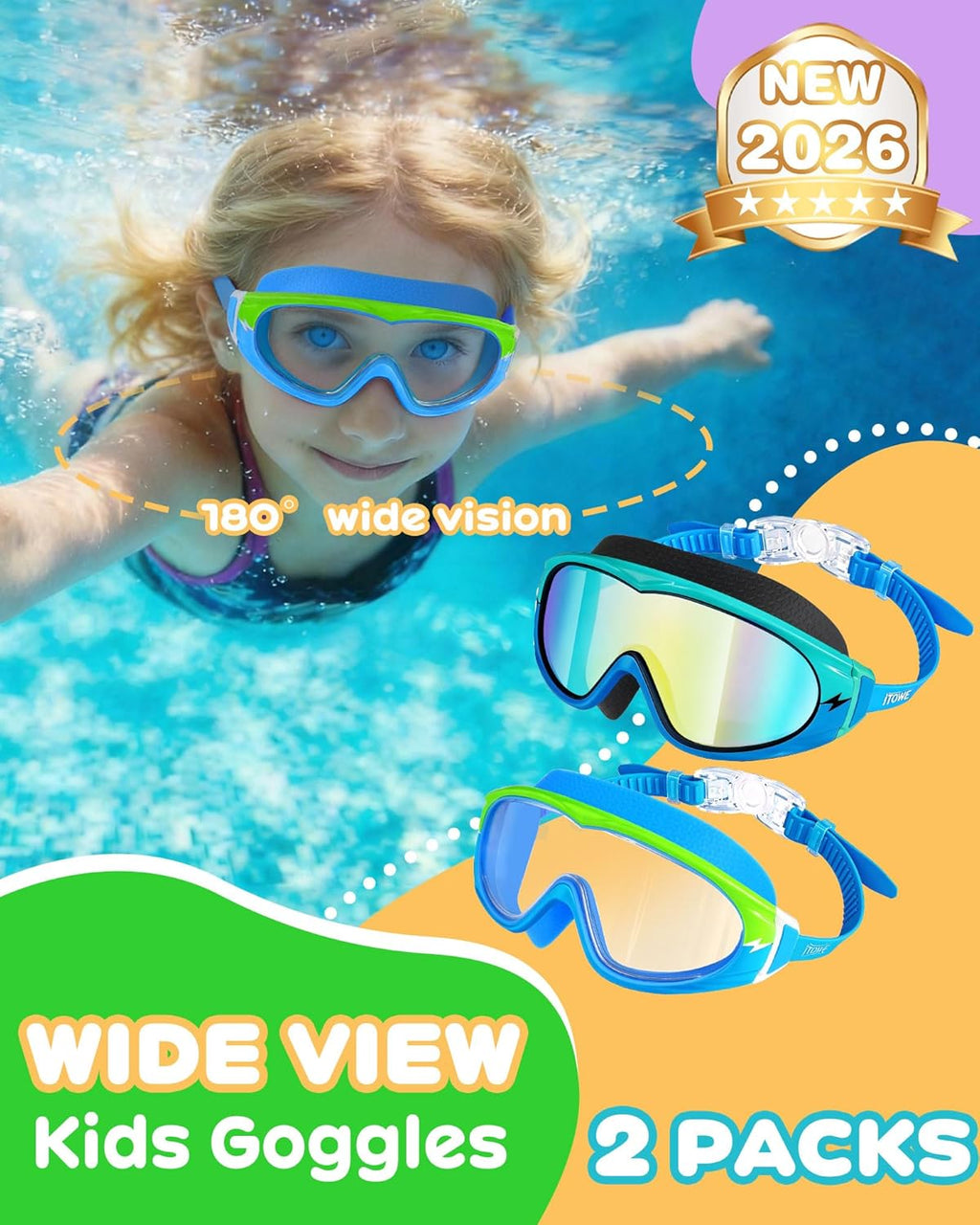 Skiennix Wide View Swimming Goggles - No Leak Design with Anti-Fog & UV Protection | Kids 3-15 Years