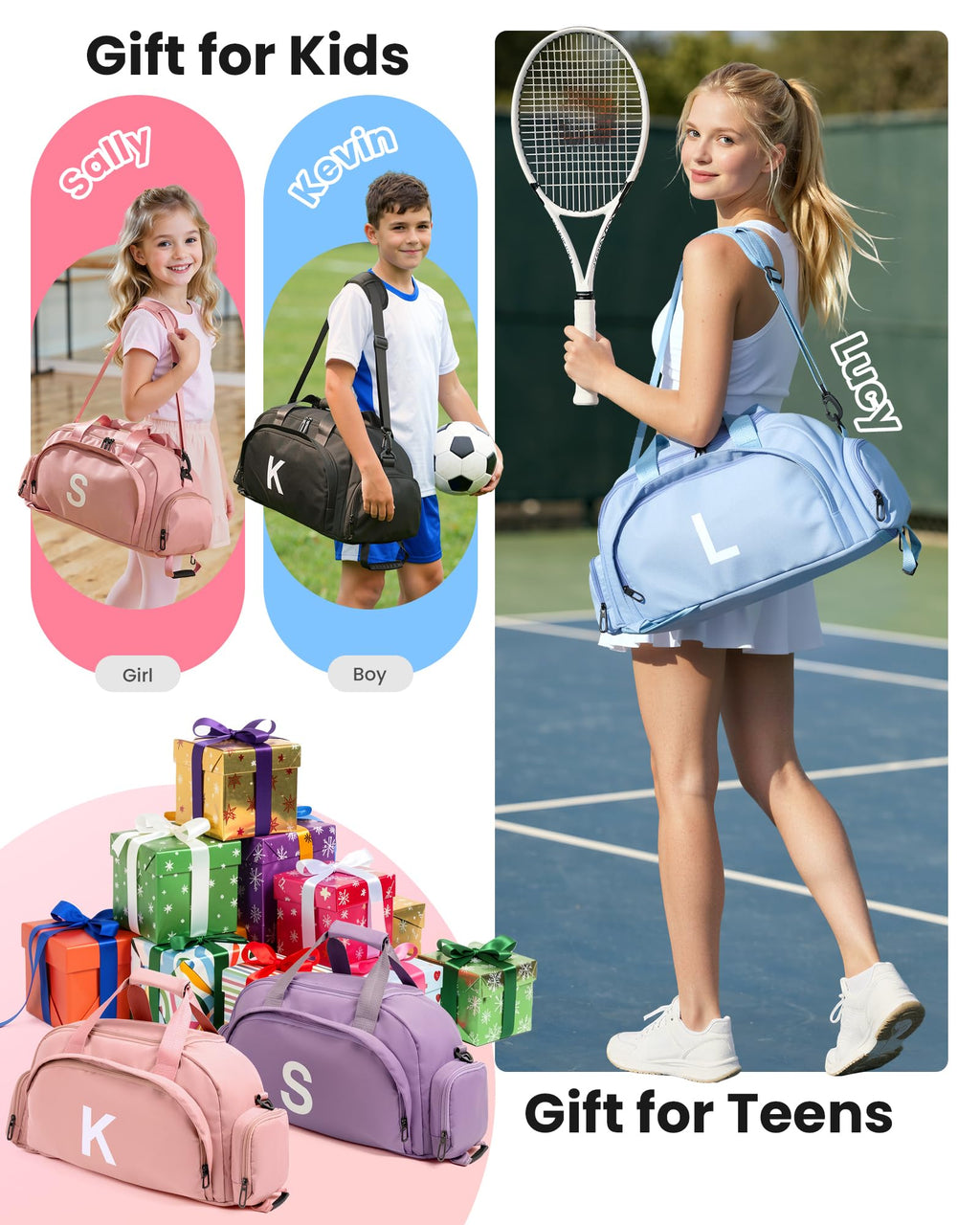 Vogewood Teen Girl Birthday Gift-Gifts for Teenage Girls, Initial Gym Bags with Shoe Compartment, Dance Bag for Girls, Kid Overnight Duffle Bags for Sport Gymnastics Cheer Travel Weekender (Letter K)