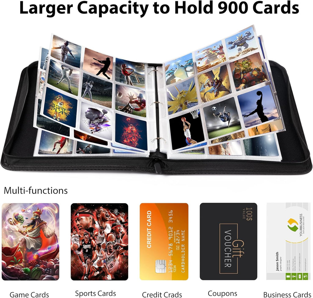 WOT Trading Card Binder - 900 Pocket Zippered Holder for Baseball & Football Cards | Double-Sided Design