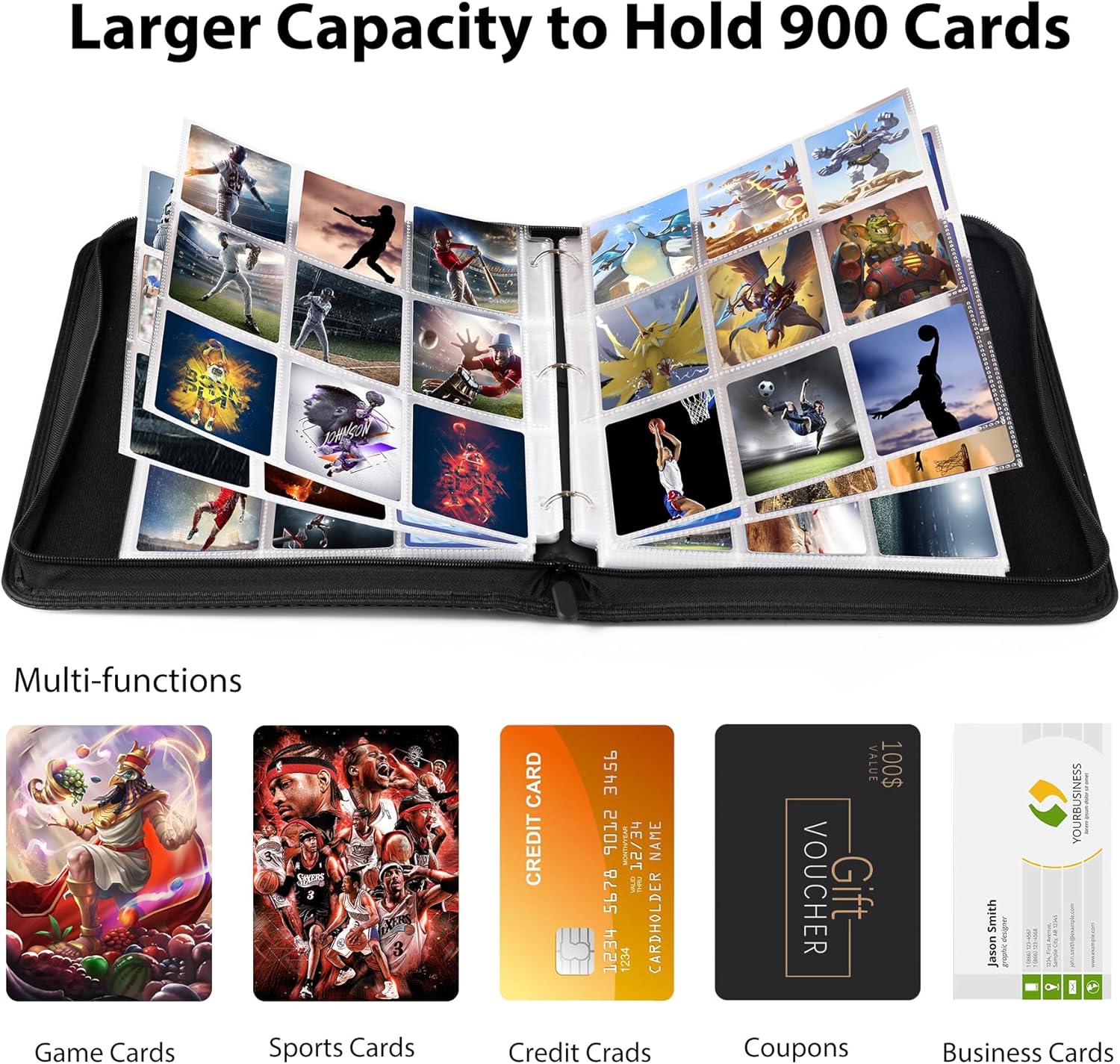 WOT Trading Card Binder - 900 Pocket Zippered Holder for Baseball & Football Cards | Double-Sided Design