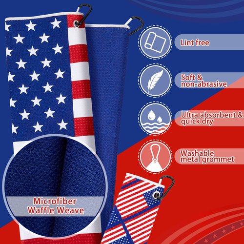 Flutesan 4 Pieces American Flag Pattern Golf Towels for Golf Bags Red White Blue Golf Ball Towel for Men Women Microfiber Waffle Texture Absorbent Golf Towels for 4th July Independence Memorial Day