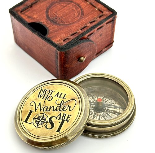 Not All WHO Wander are Lost Engraved Compass - Brass Gift Compass - Gift for Men - 2024 Graduation Day Gift - Birthday, Vintage Brass Pocket Compass with Leather Box