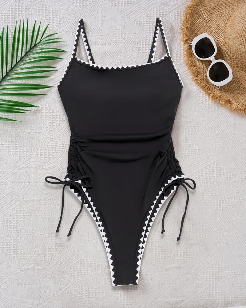 Daci Women's High Cut One Piece Swimsuit with Tummy Control - Black & White, Medium