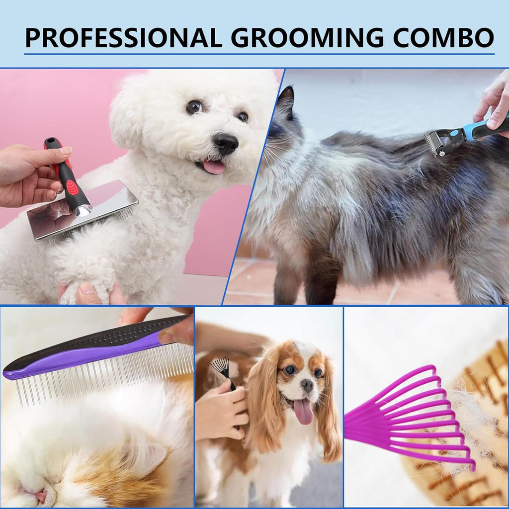 Skiennix 5-In-1 Dog & Cat Grooming Kit - Extra Long Pin Slicker Brush for Shedding & Dematting