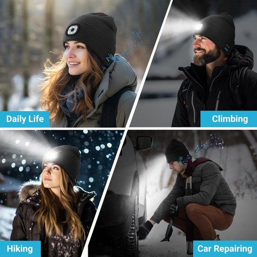 Wewow Bluetooth Beanie with Light, Beanie with 6 LED Light and Bluetooth Headphones, USB Rechargeable, Gifts for Family/Friends/Partners Black