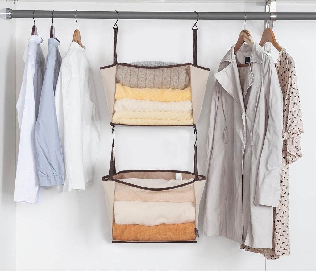 Storage Maniac 2-Shelf Hanging Closet Organizer - Beige Canvas Shelf with Hooks for Dorm & Bedroom