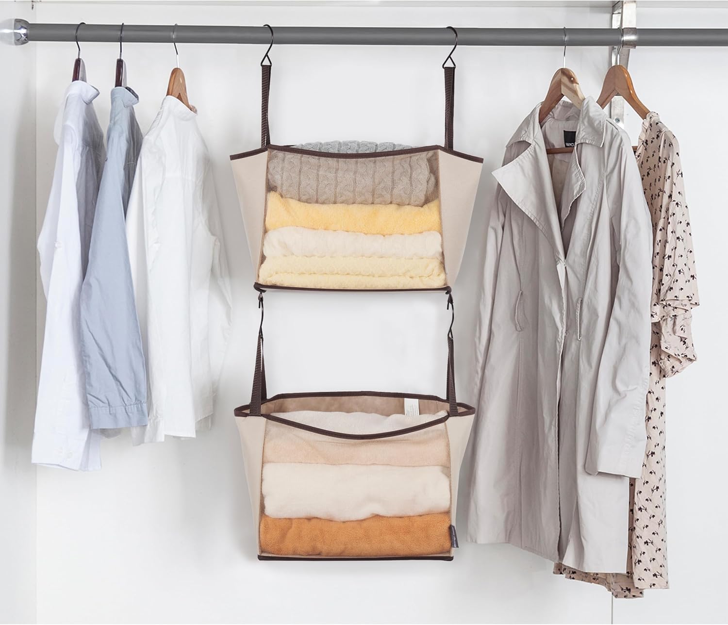 Storage Maniac 2-Shelf Hanging Closet Organizer - Beige Canvas Shelf with Hooks for Dorm & Bedroom