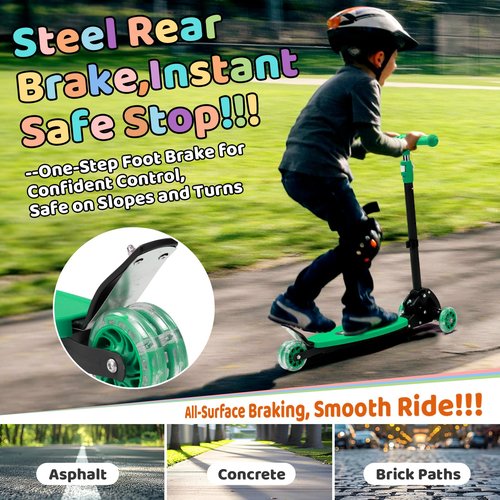 Kick Scooter for Kids Age 3-7 8-12, Light Up 3 Wheeled Scooters,Lean-to-Steer,Three Adjustable Height Scooter for Kids, Foldable,Safe Stable Ride for Girl Boy Kid up to 170 LB - Green