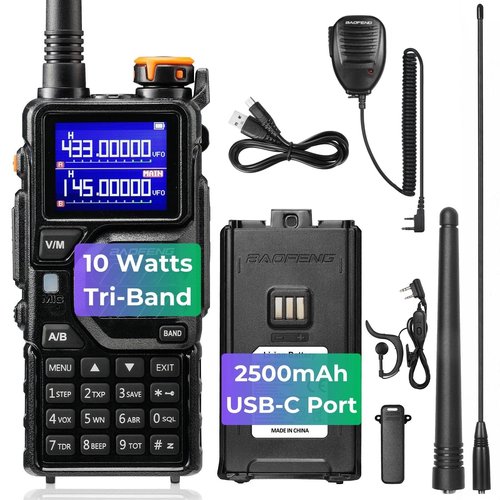 BAOFENG K5PLUS Tri-Band Ham Radio Long Range, UHF VHF 1.25M Handheld 10W Tri-Power Two Way Radio with Airband, NOAA, 2500mAh Battery, Speaker Mic, 999CH, Frequency Copy, Scramble (1 Pack)