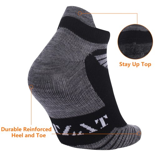 RTZAT 90% Merino Wool Athletic Running Tennis Light Ankle Low Cut Cushioned No Show Socks for Men & Women, X-Large, Black&Dark Gray, 3 Pack
