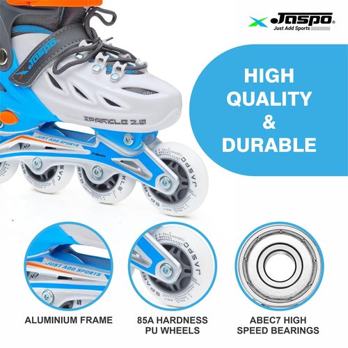 Jaspo Sparkle 2.0 Convertible Adjustable Inline Quad Roller Skates, 2-in-1 Design,Aluminium Chassis, 70Mm Pu 85A Wheels, PVC Shoe, Breathable Mesh-for Kids Youth Blue White, M
