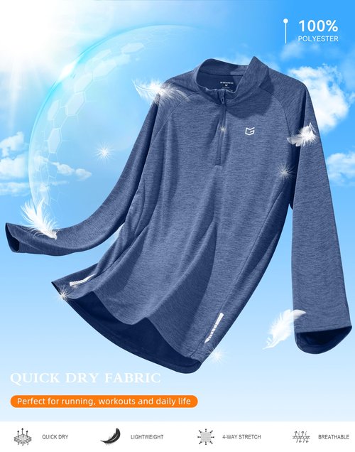 G Gradual Men's Running Shirts Long Sleeve Athletic Shirt Lightweight Quick Dry Quarter Zip Pullover for Men Workout Gym Golf(Blue Heather,L)