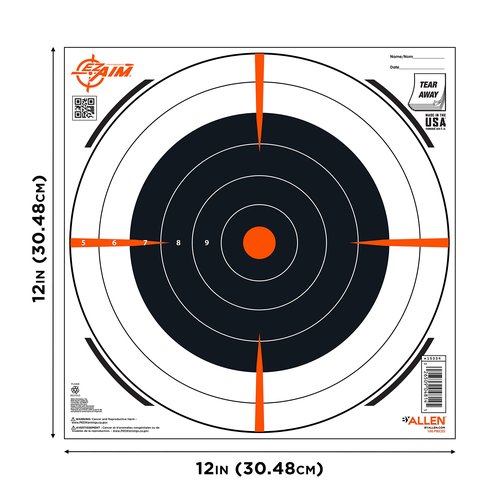 Allen Company EZ Aim Paper Shooting Targets, Bullseye, Peel Away Target Pad, 12" Square, 100-Pack, Black/Orange/White, One Size, (15334-100)