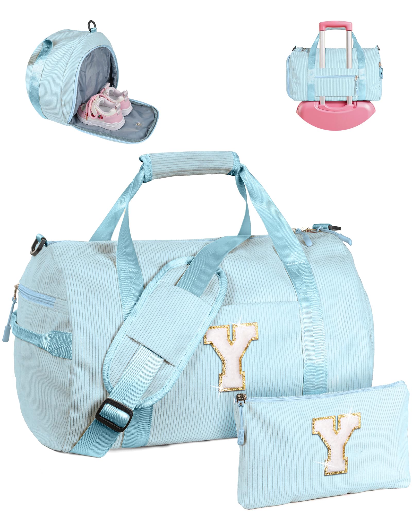 Vogewood Trending Gift for 7 Year Old Girl, Girls Gym Bag, Kids Personalized Dance Bags with Shoe Compartment, Customized Travel Duffle with Toiletry Bag, Dorm Room Essentials (Letter M)
