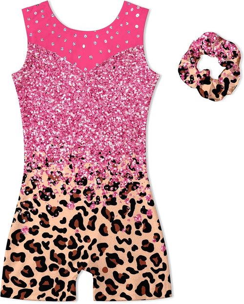 Belovecol Gymnastics Leotards for Girls - Sleeveless Sparkle Dance Biketards with Matching Scrunchies | Sizes 3-8Y