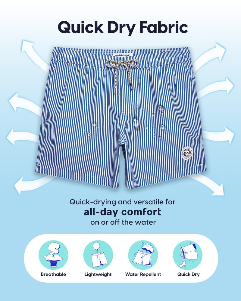 maamgic Mens Swim Trunks 5 Inch with Mesh Lining, Quick Dry Mens Bathing Suit, Swim Shorts for Swimming and Beach, Medium Blue Stripe