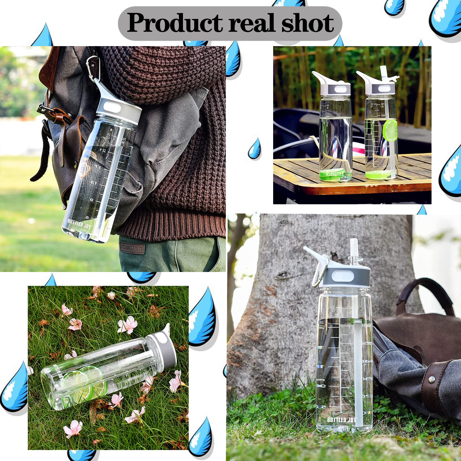 Louis Donné Water Bottle with Stra, 28oz Sports Water Bottle with Time Marker and Tritan, BPA Free and Leakproof, For Bottled Joy Sports Jug, Water Bottle with Carabiner For Fitness, Yoga (Clear)