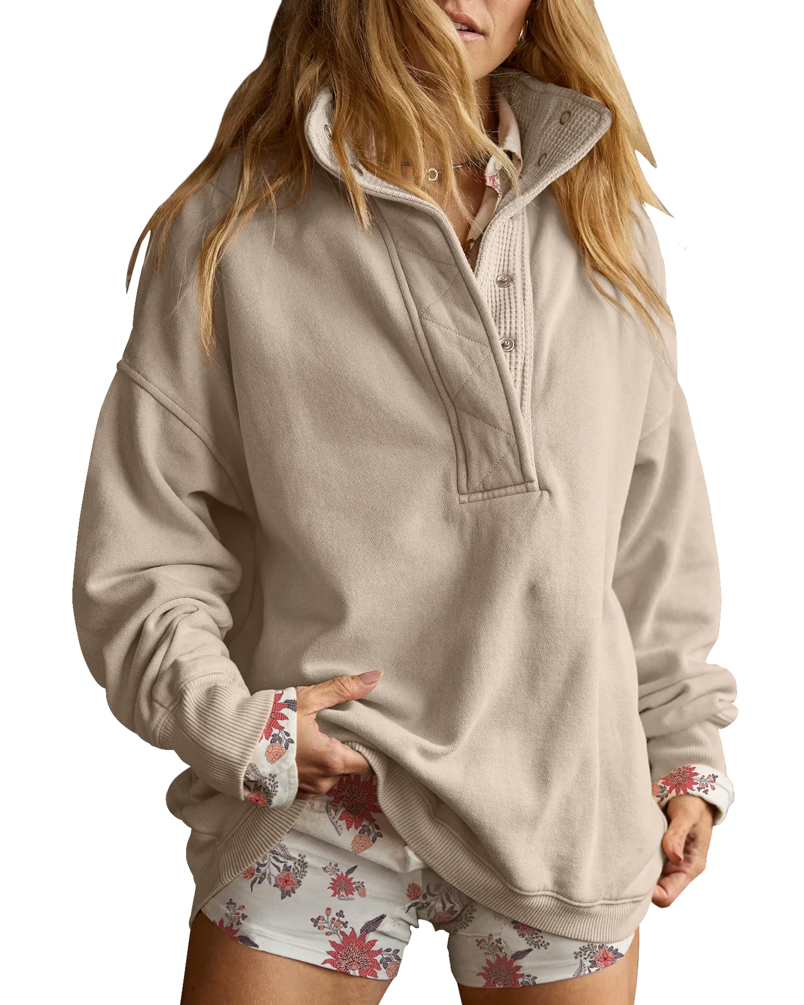 Gacaky Sweatshirt for Women Oversized Casual Long Sleeve Button Henley Neck Pullover Tops Fashion Outfits Clothes Khakigray S