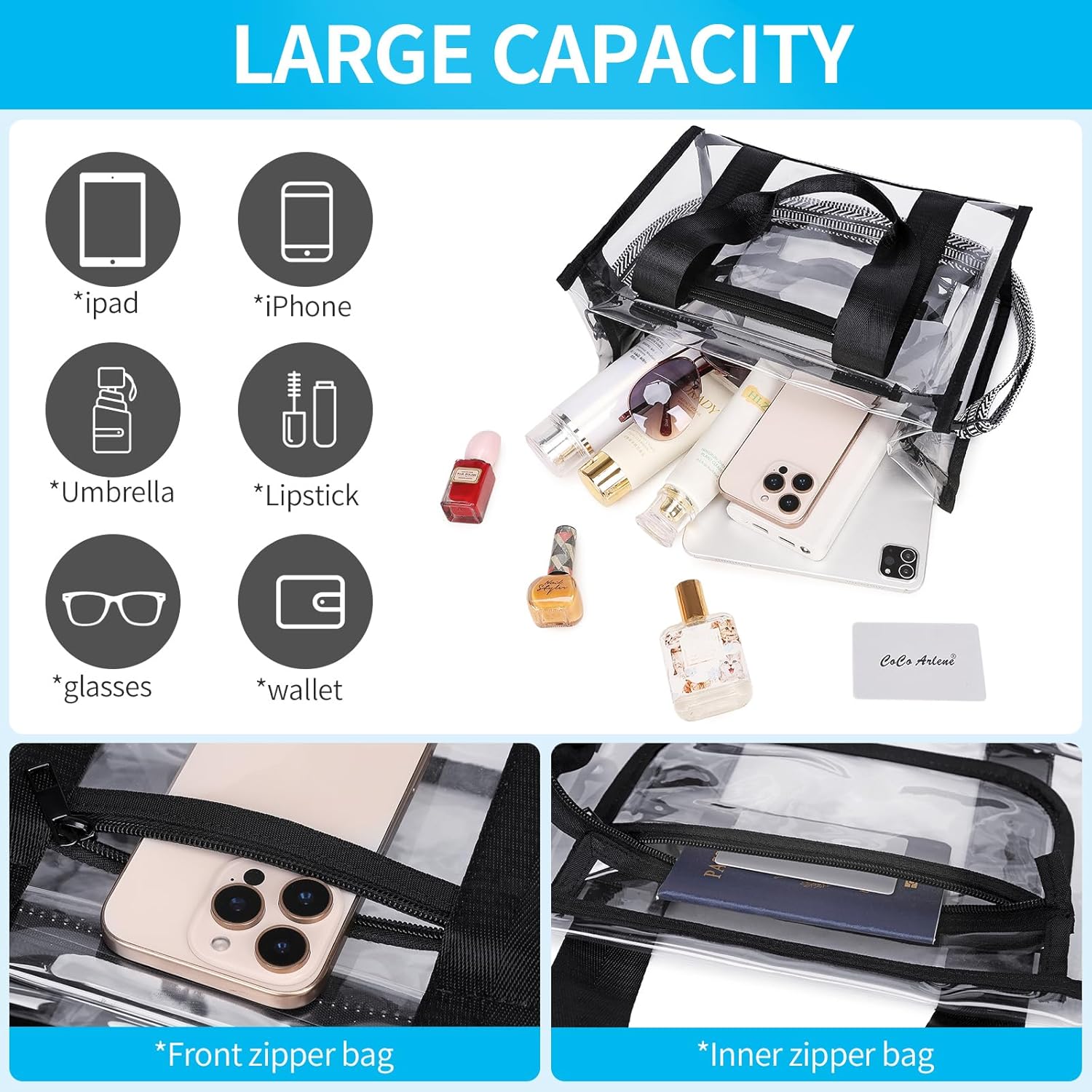 Skiennix Clear Stadium Bag - Large Transparent Tote with Inner & Outer Zipper Pockets for Events | Beach, Concerts