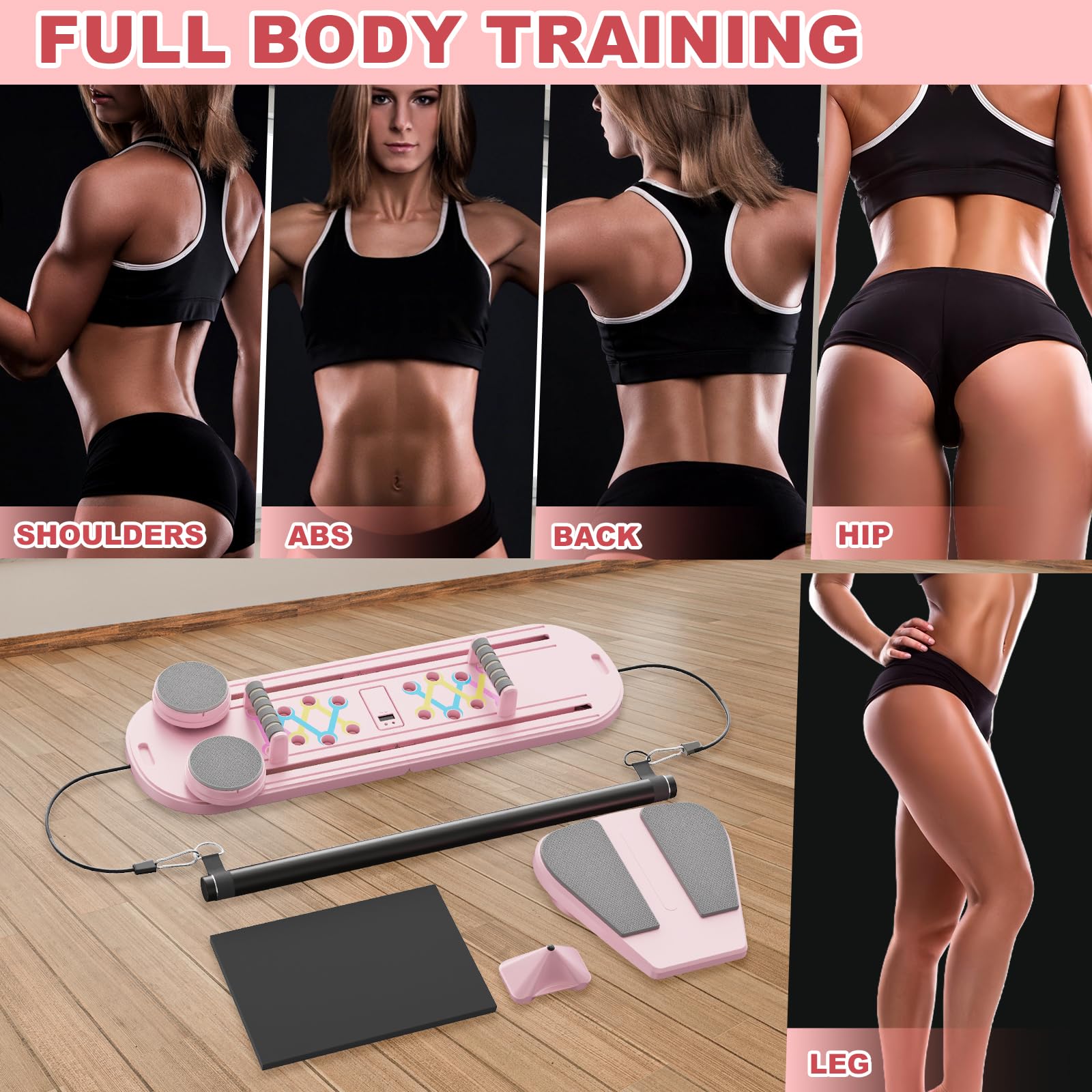 Pilates Board Multifunctional Foldable Pilate Reformer for Home Workout, Portable Abdominal Core Exercise Machine with Resistance Bands & Knee Pad, Pilates Equipment for Women & Men