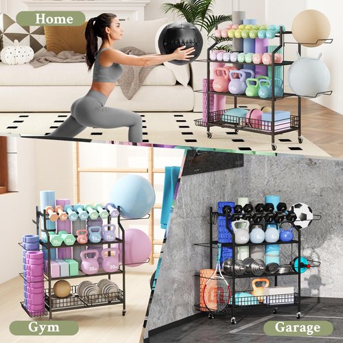 Hadulcet All-in-One Dumbbell Rack, 4-Tier Adjustable Weight Rack for Dumbbells, Home Gym Storage for Yoga Mat, Kettlebell, Foam Roller & Balls, Workout Equipment Storage with Hooks and Wheels