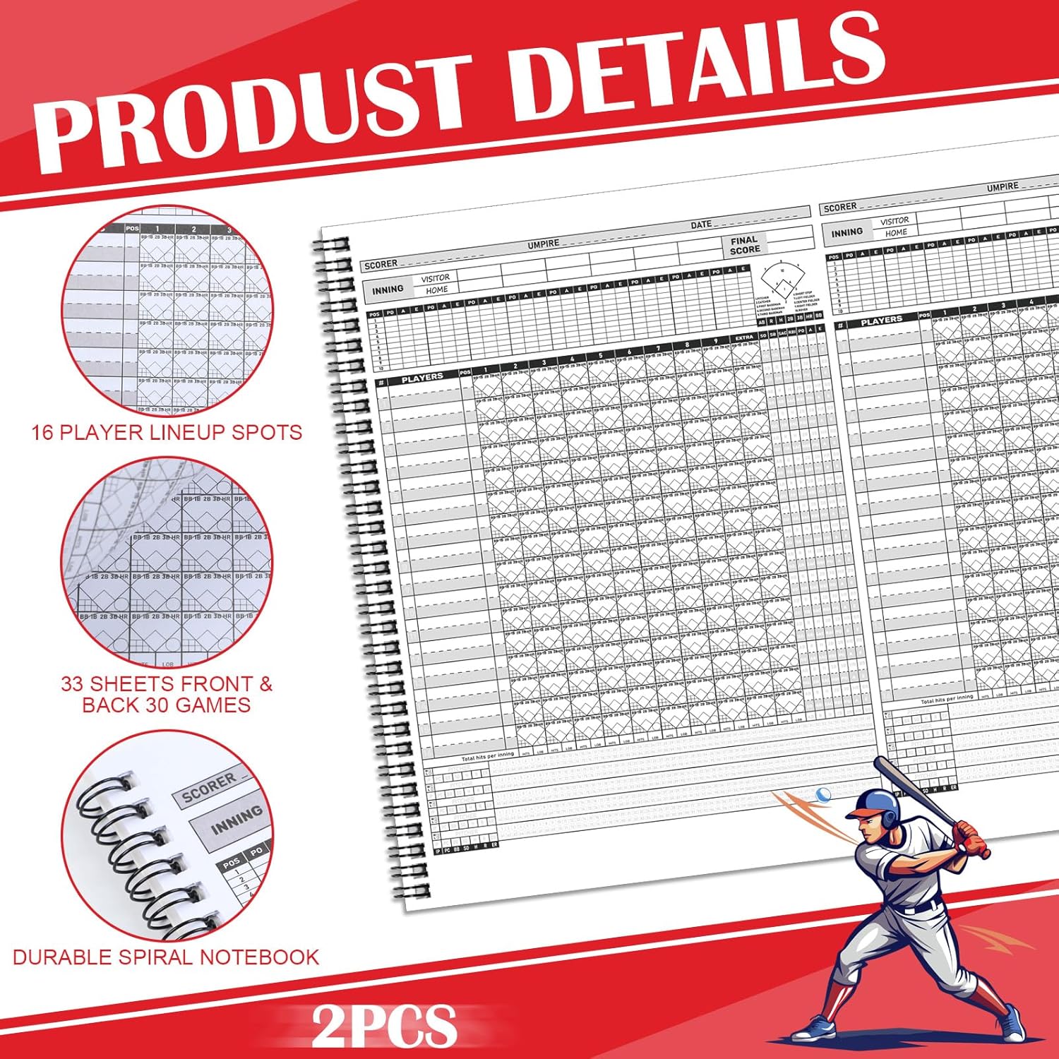 Skiennix Baseball Scorebook - 30 Game Softball Stats Keeper | 11.5x16 Inches, Track Player Averages