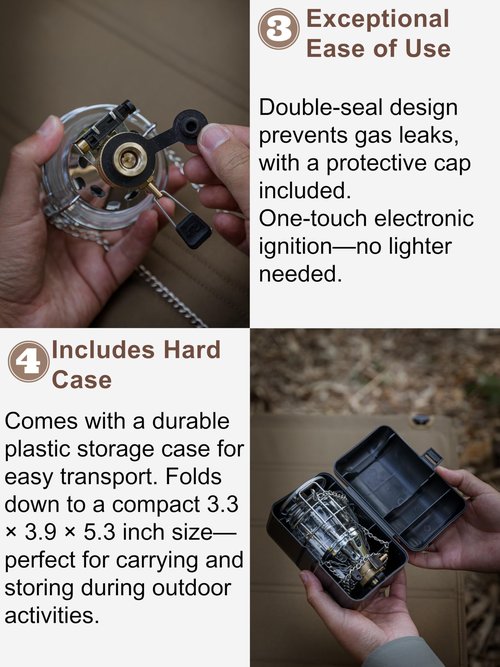 CAMPINGMOON Mini Gas Camping Lantern with Hanging Chain & Hard Case – 80W Equivalent Brightness, Adjustable Dial, Outdoor Portable Butane Lamp for Hiking, Backpacking, Emergency, Tent Lighting T-4