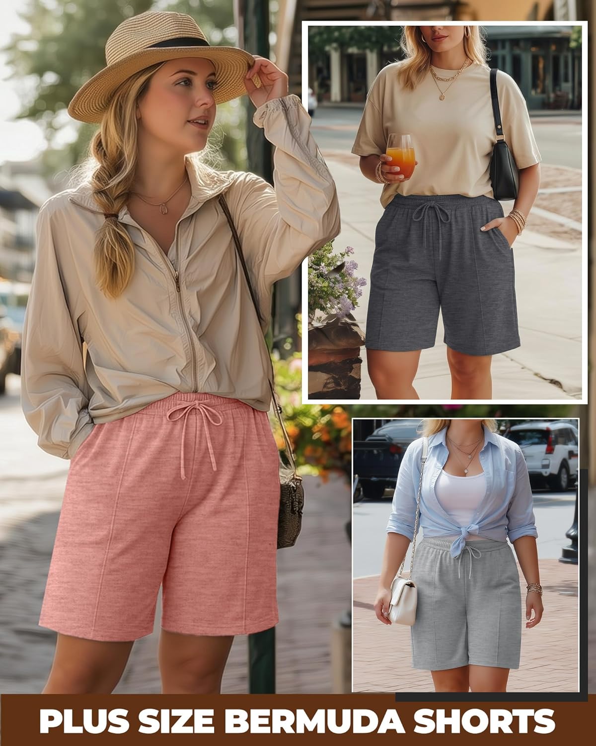 Skiennix Women's Plus Size Bermuda Shorts - Wide Leg, Elastic Drawstring, Pockets | Comfortable Athletic Wear